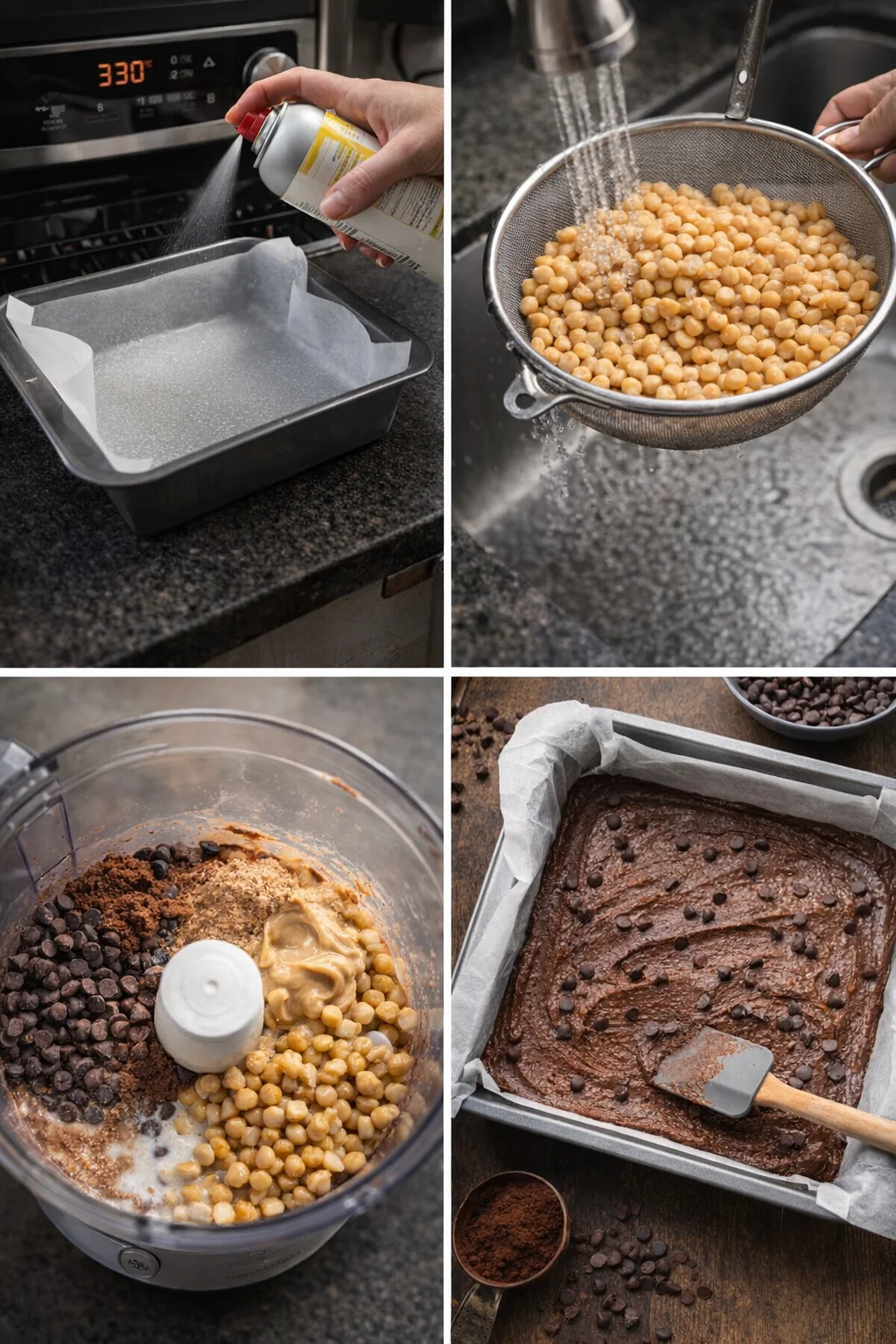 step-process-placeholder-1-4.png Greased square pan beside food processor filled with silky chocolate chickpea batter, chips sprinkled.