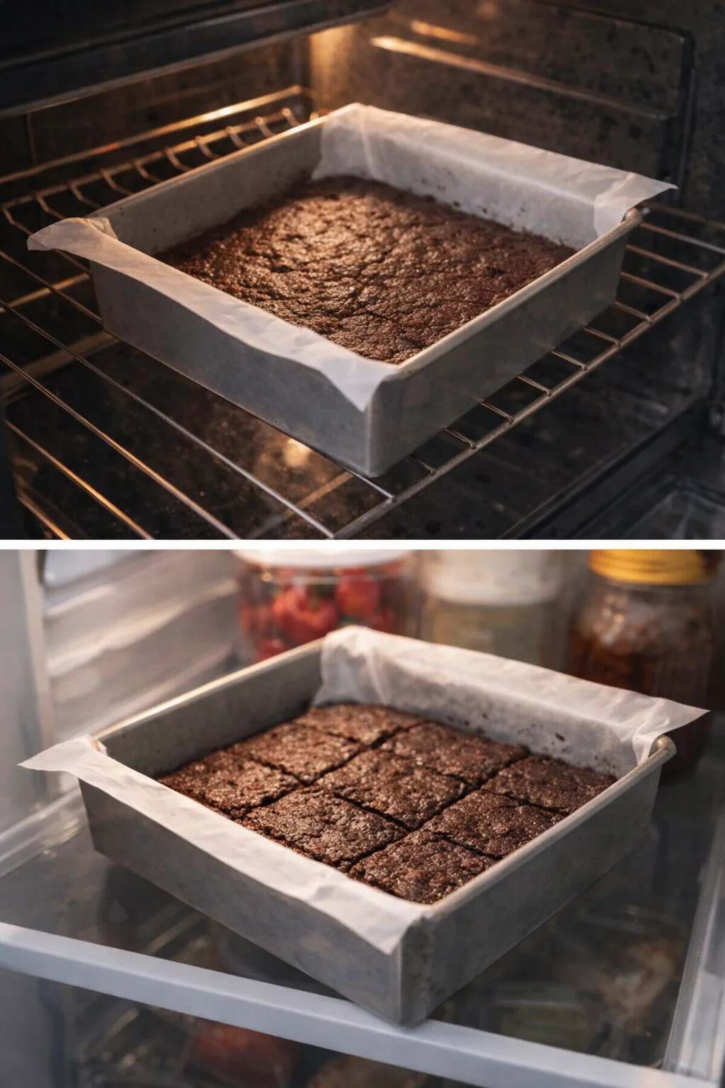 step-process-placeholder-5-6.png Brownie pan with set edges and slightly underbaked center cooling, then wrapped and placed in fridge.