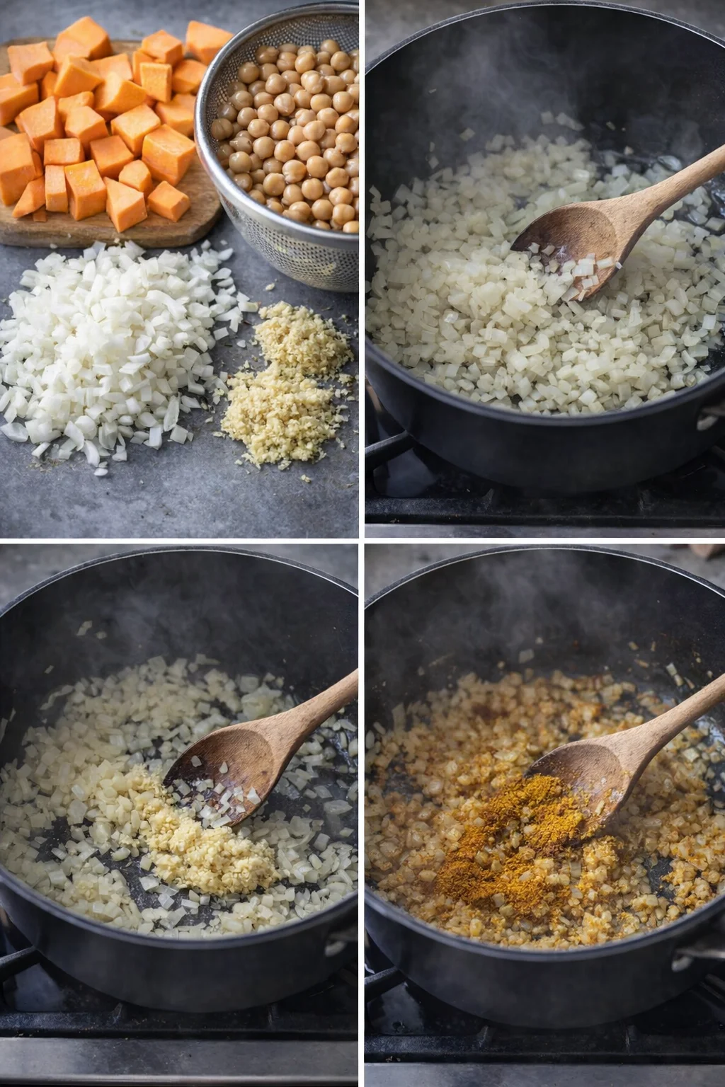 Several prep bowls: cubed sweet potatoes, drained chickpeas in colander, chopped onion, minced garlic and grated ginger