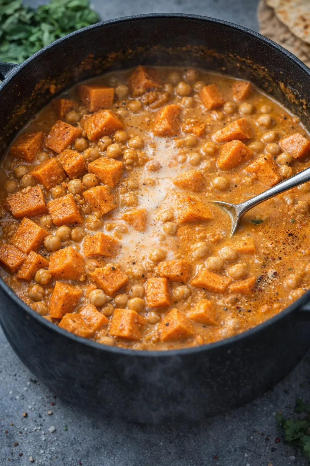 Large pot simmering orange curry with cubed sweet potatoes and chickpeas, coconut milk added