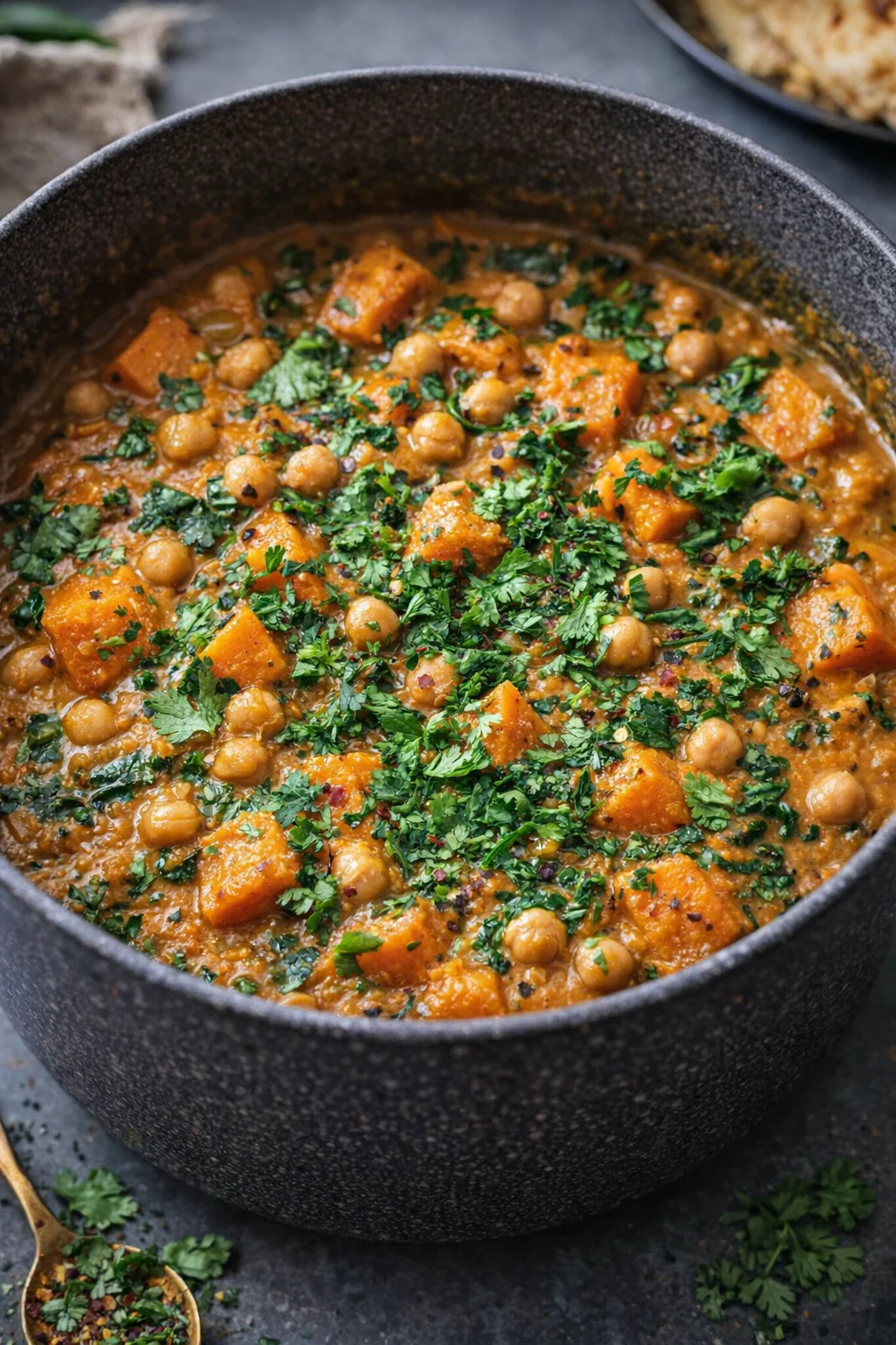 Fresh cilantro being sprinkled over finished curry in pot; steam dissipating