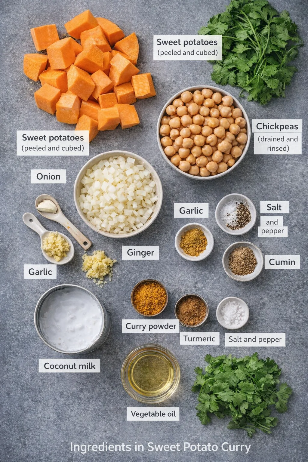 Measured ingredients arranged for Sweet Potato and Chickpea Curry: 2 large sweet potatoes, peeled and cubed, 1 can 15 oz of chickpeas, drained and rinsed, 1 onion, finely chopped, 3 cloves of garlic, minced, 1 tbsp fresh