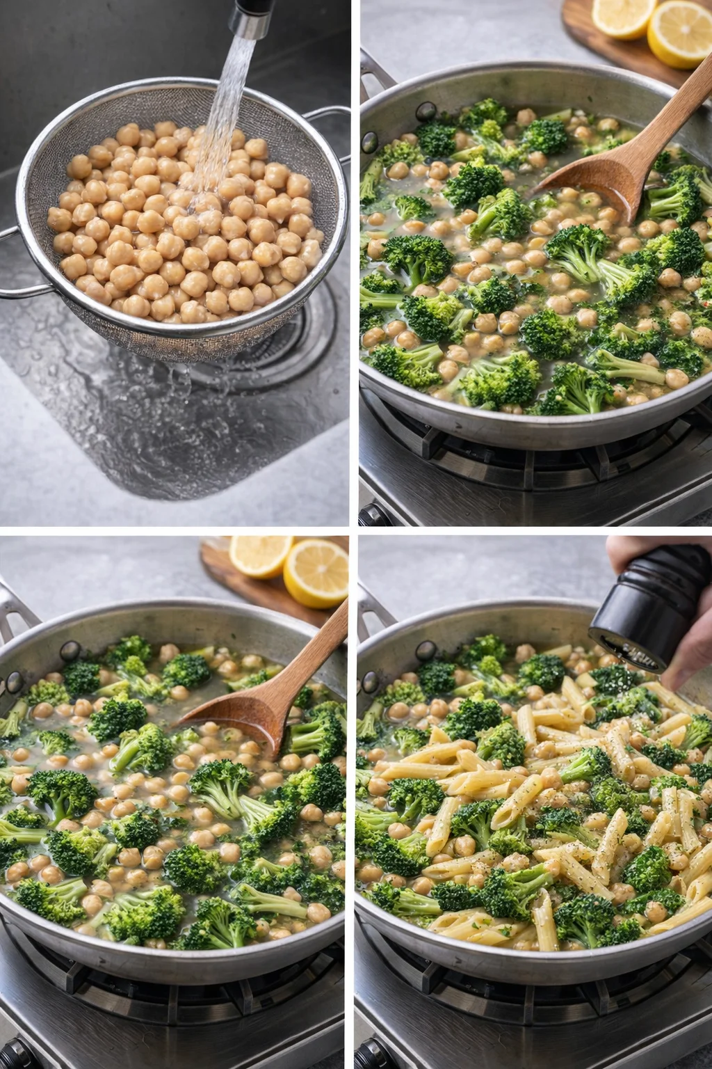step-process-placeholder-5-8.png Drained chickpeas stirred into pan with broth and lemon, then pasta tossed until sauce is silky.