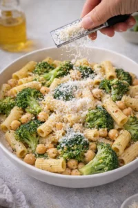 Grated Parmesan being sprinkled over the plated pasta, melting into the warm sauce.