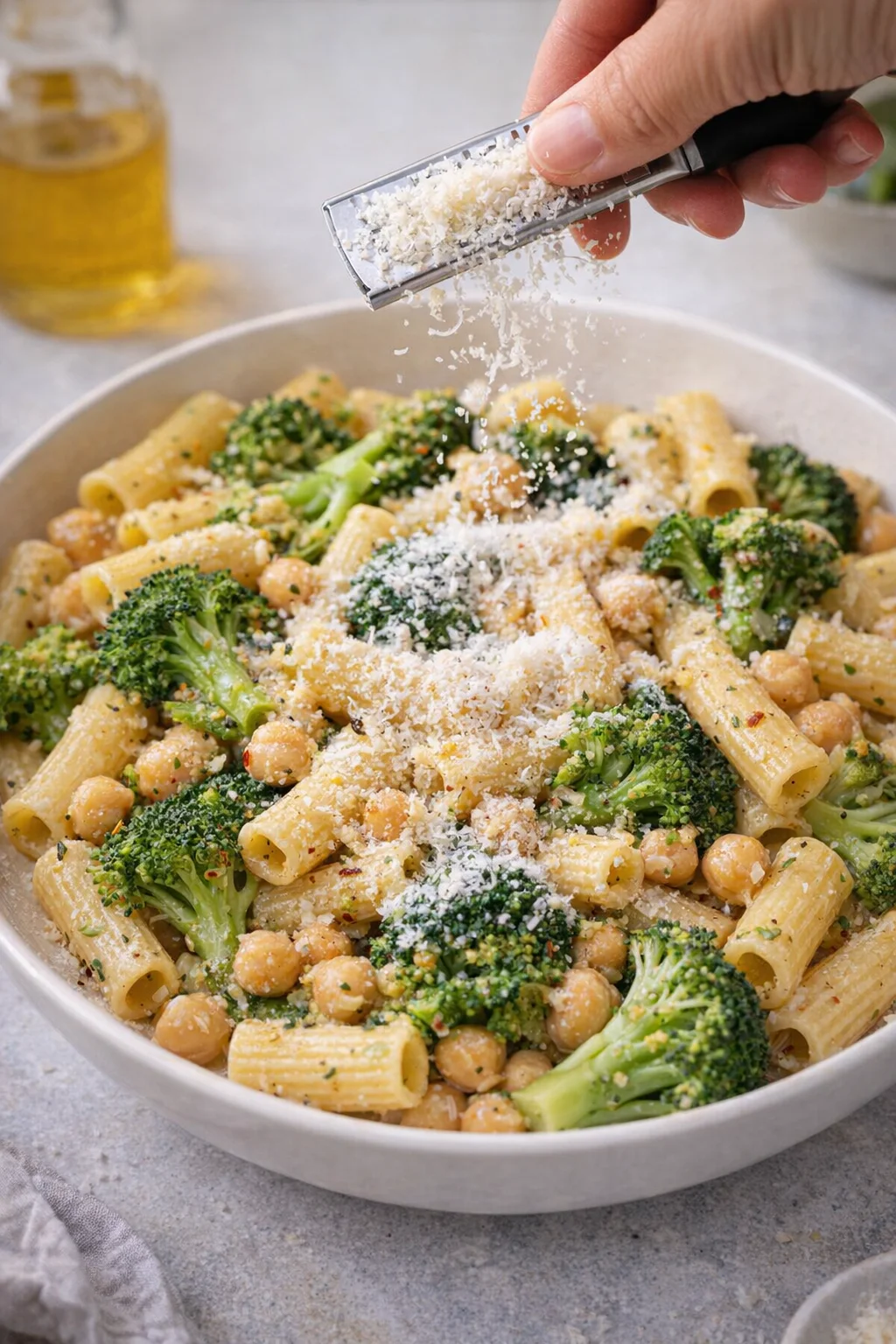 Grated Parmesan being sprinkled over the plated pasta, melting into the warm sauce.