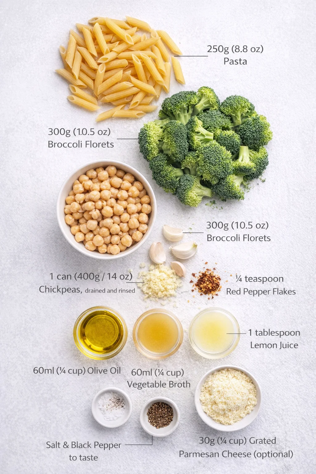 ingredients-placeholder.png Measured ingredients arranged for Broccoli Chickpea Pasta with Garlic Olive Oil: 250g (8.8 oz) Pasta — choose your favorite shape like penne, rotini, or fusilli., 300g (10.5 oz) Broccoli Florets — fresh or frozen both wo