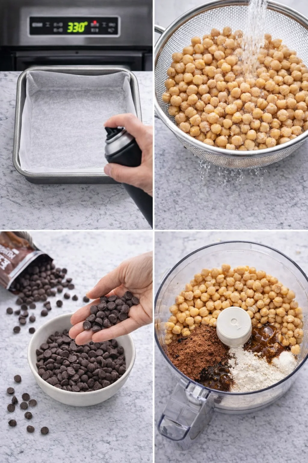 Greased 8-inch pan, rinsed chickpeas and reserved chocolate chips beside food processor filled with ingredients.
