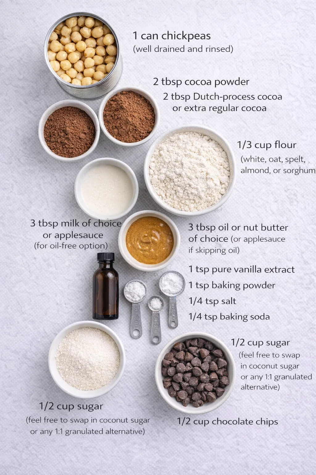 Measured ingredients arranged for Chocolate Chickpea Brownies: 1 can chickpeas or white beans (well drained and rinsed), 2 tbsp cocoa powder, 2 tbsp Dutch-process cocoa or extra regular cocoa (for richer flavor), 1/3 cup