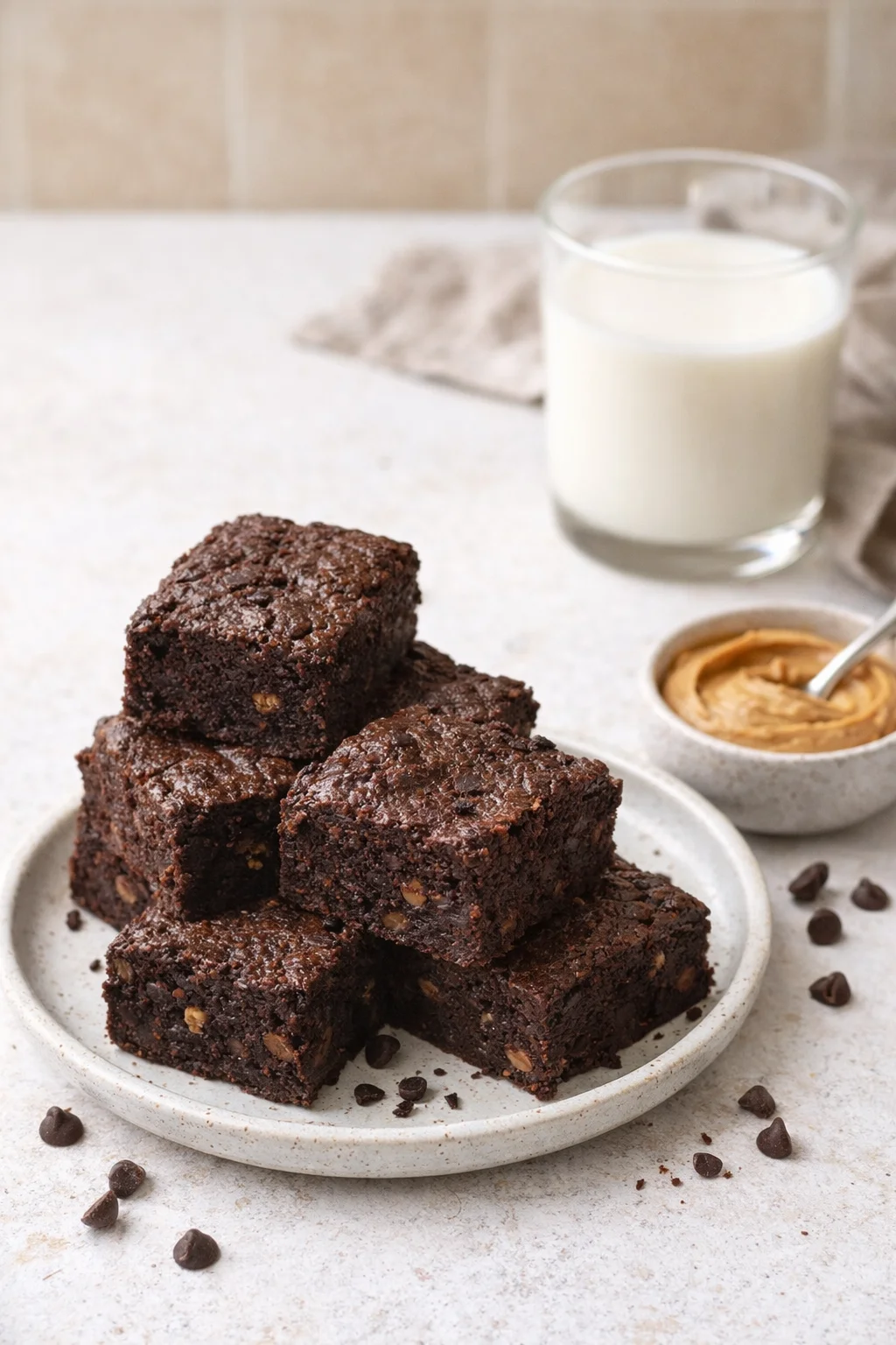 Alternative angle of Chocolate Chickpea Brownies served with a pairing