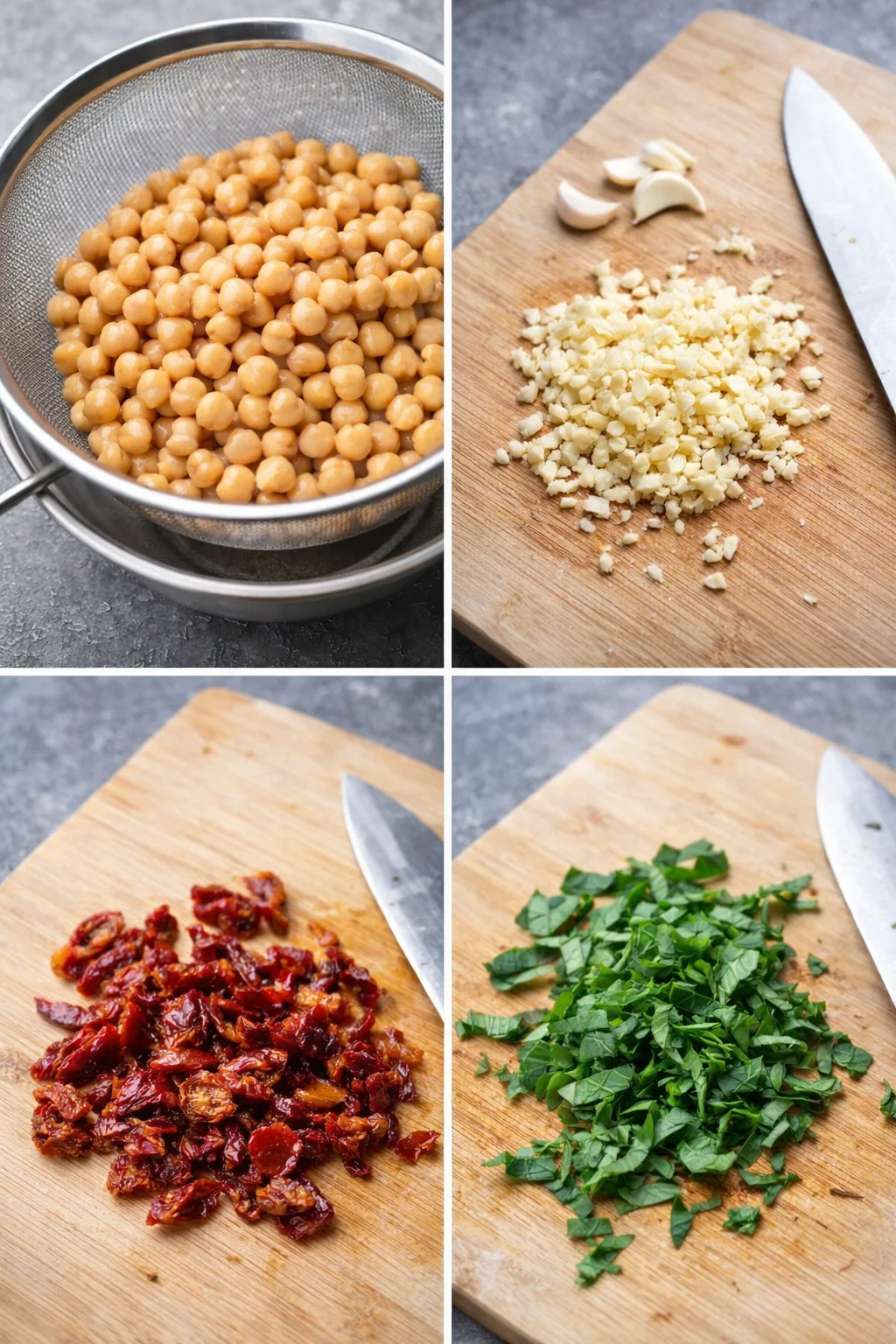Drained chickpeas in a colander with minced garlic, chopped sun-dried tomatoes, and basil.