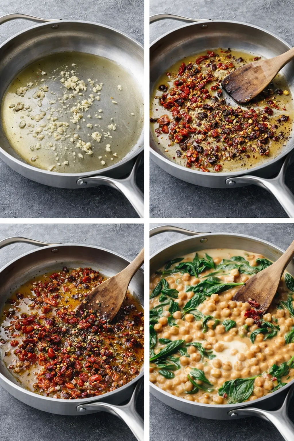 Garlic sizzling in skillet, then sun-dried tomatoes, spices, chickpeas, broth, tomato paste, and spinach combined.
