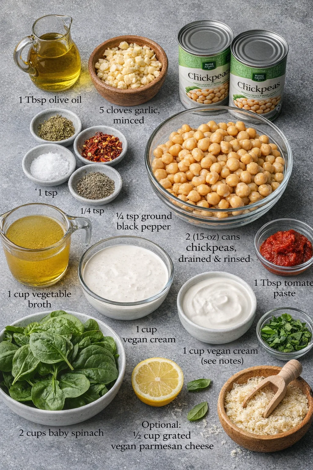 Measured ingredients arranged for Marry Me Chickpeas: 1 tablespoon olive oil, 5 cloves garlic, minced, 1/2 cup sun-dried tomatoes, chopped, 1/2 teaspoon dried oregano, 1/2 teaspoon red chili flakes, 1 teaspoon salt