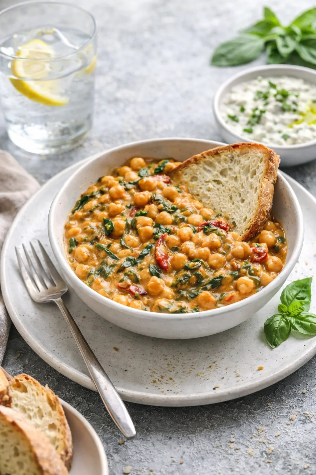 Alternative angle of Marry Me Chickpeas served with a pairing