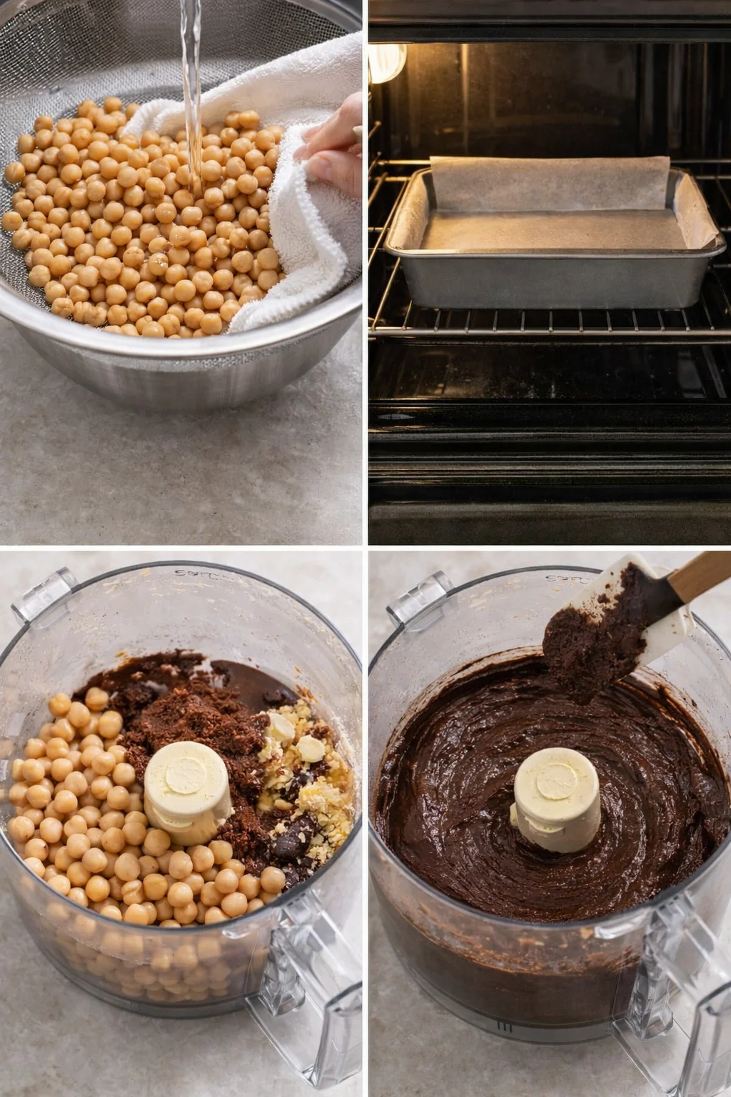 Rinsed chickpeas draining in a colander beside a greased pan and food processor.