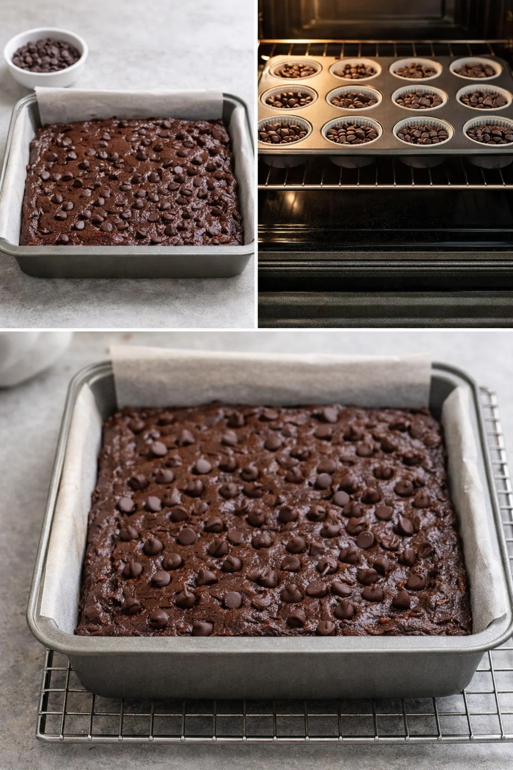 Brownie batter smoothed into lined pan with chocolate chips pressed on top, ready for baking.