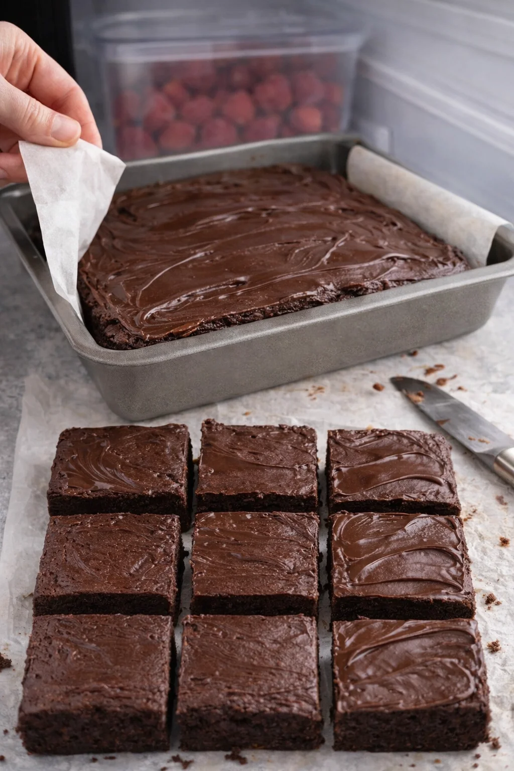 Chilled brownies frosted with melted chocolate, lifted using parchment overhang and sliced into squares.