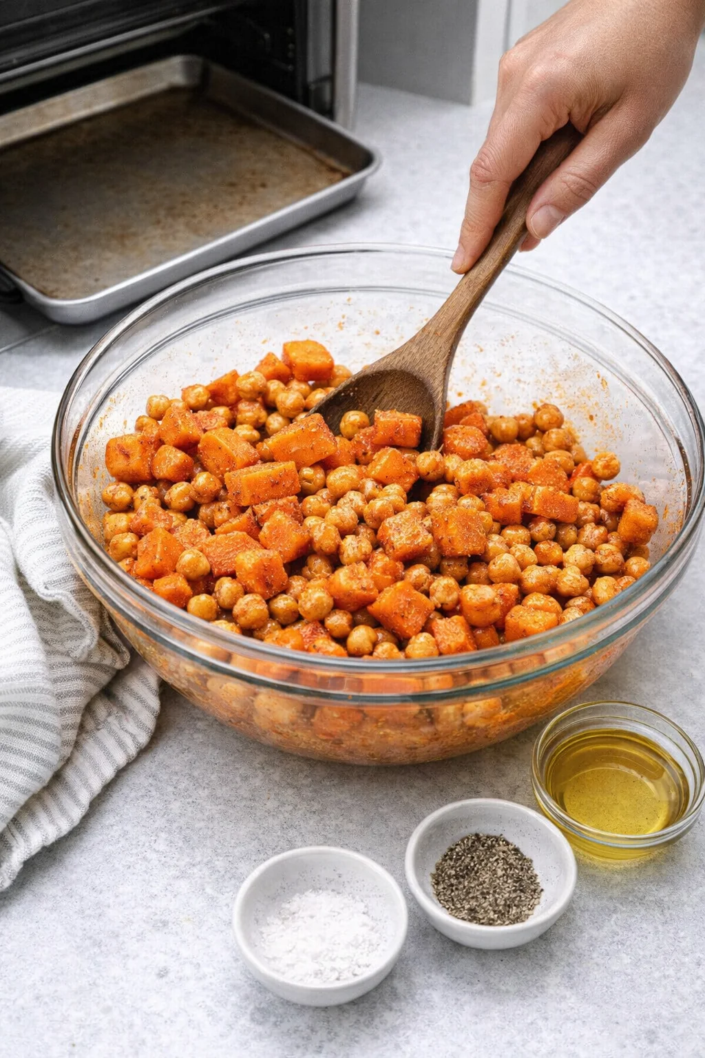 Rimmed baking sheet warming in oven, peeled carrot chunks, dry chickpeas, bowl tossed with oil and spices