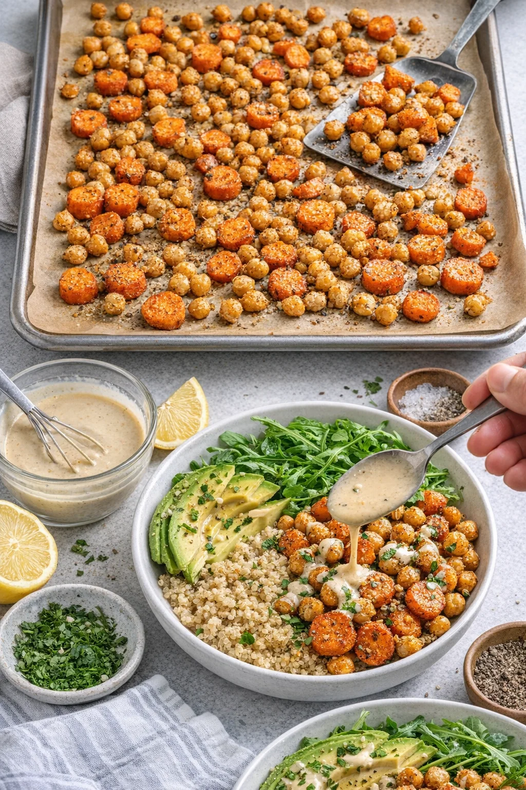 Golden roasted carrot pieces and crunchy chickpeas spread on sheet, tahini dressing being whisked and drizzled