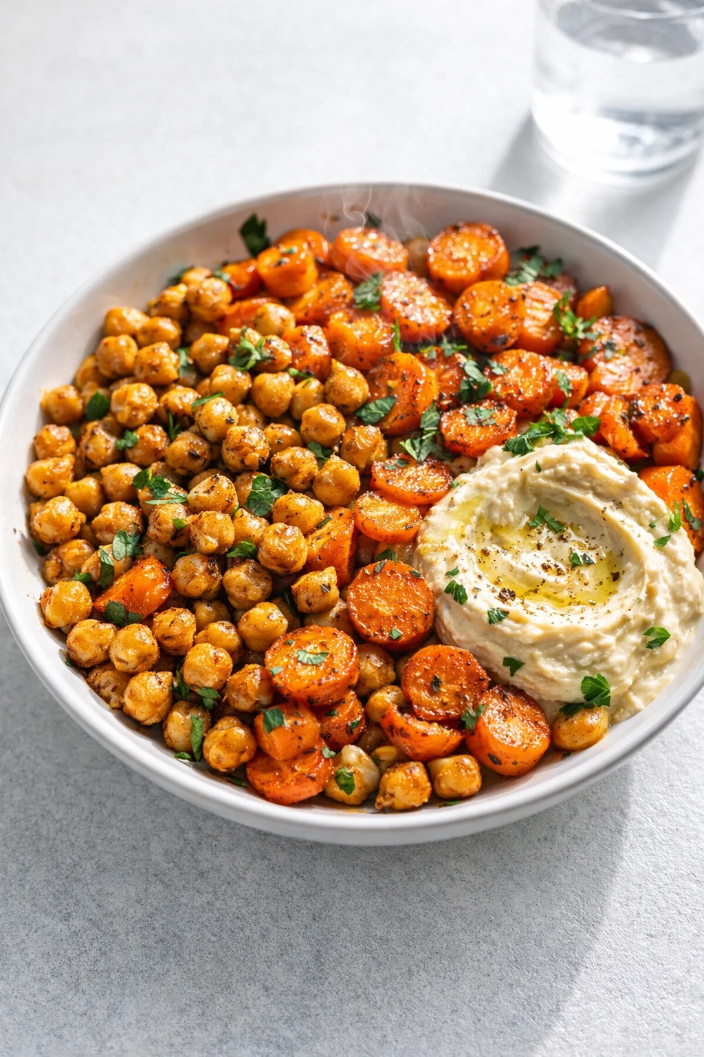 Final plated One-Pan Roasted Carrot and Chickpea Bowl served as a hero shot