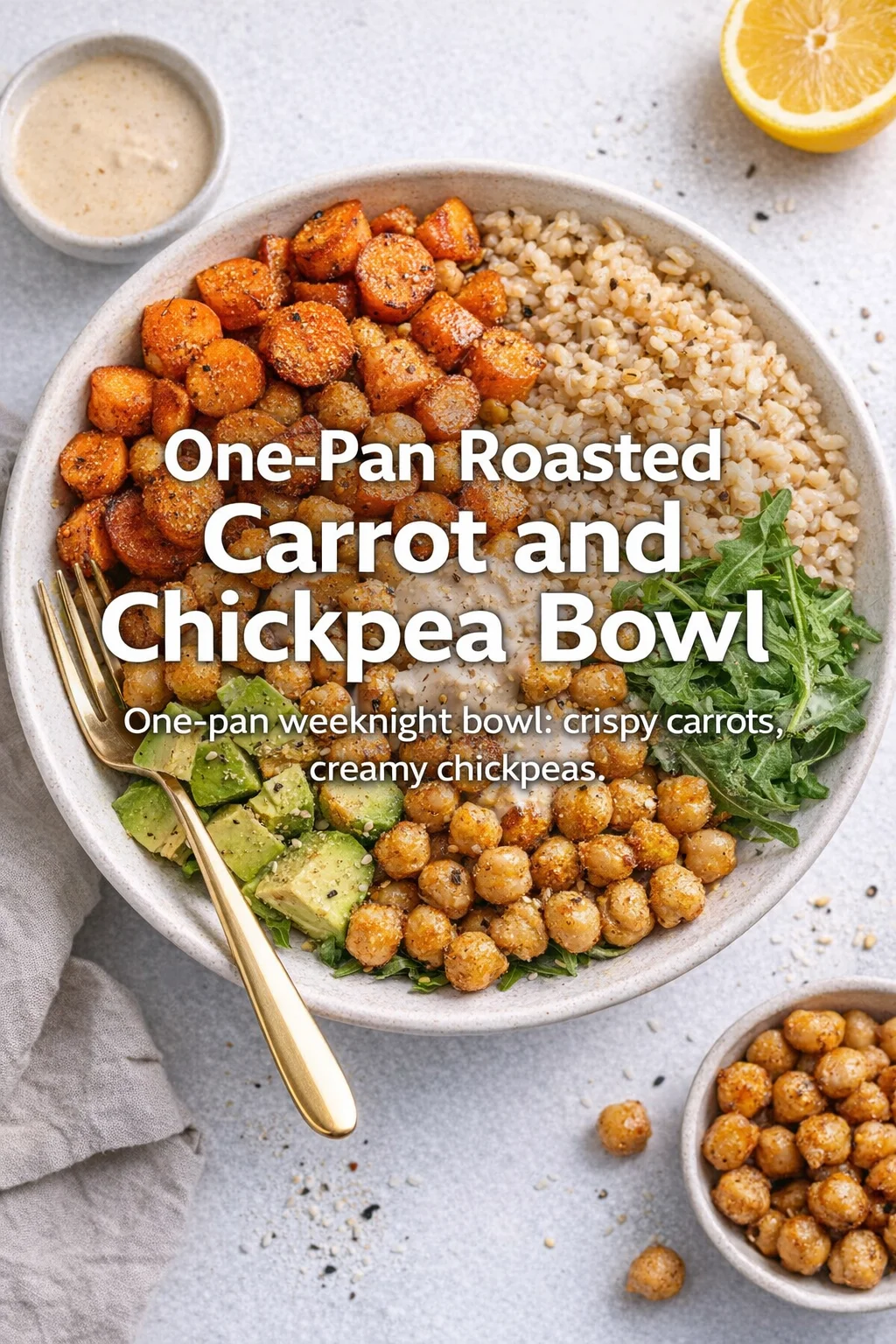 Pinterest-style image for One-Pan Roasted Carrot and Chickpea Bowl with centered text overlay