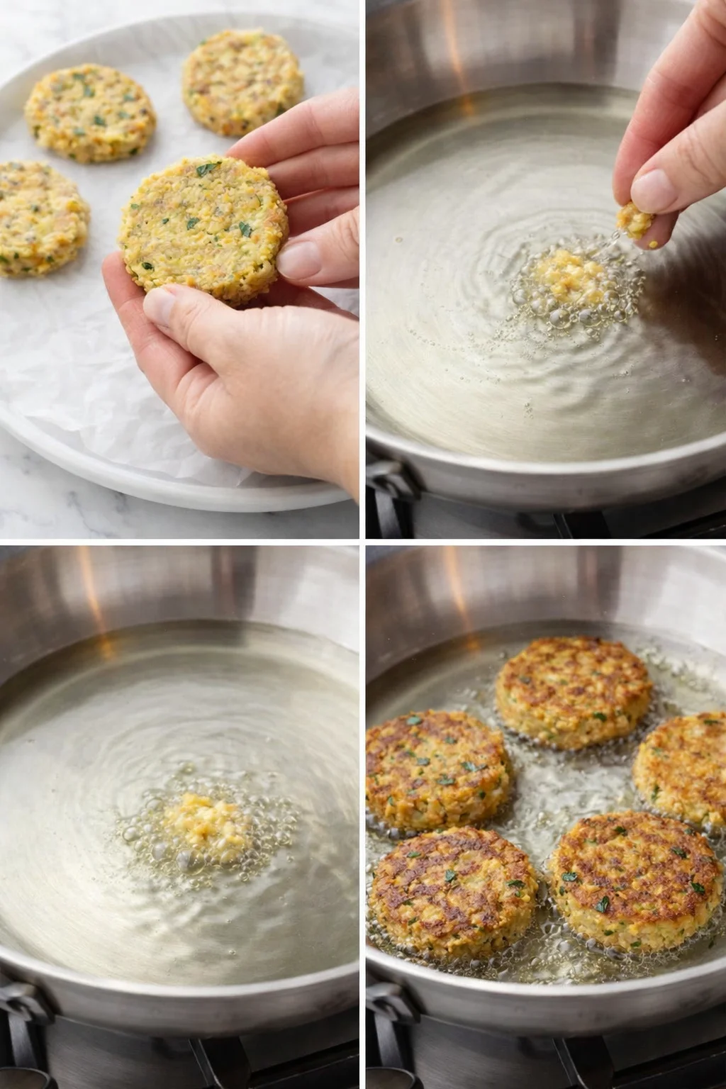 step-process-placeholder-5-8.png Shaped chickpea patties being placed into a shimmering oiled skillet, edges sizzling lightly