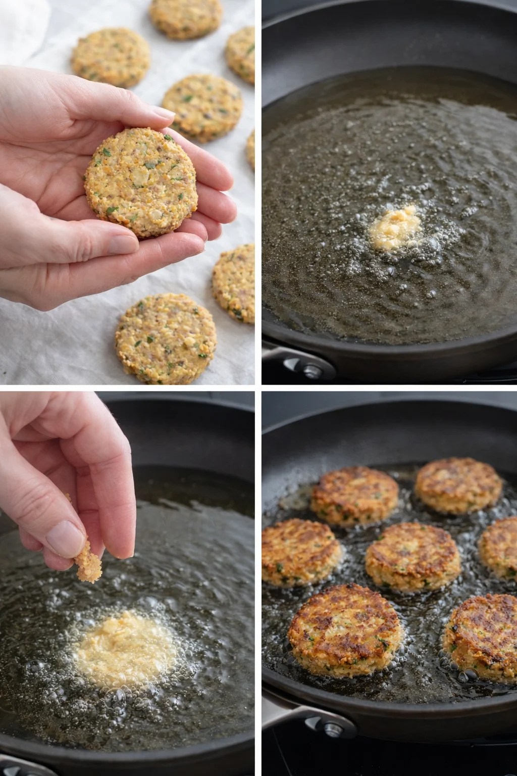 Six thin chickpea patties being placed into a shimmering oiled skillet without crowding