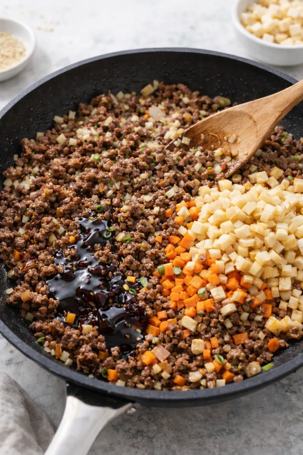 Onion, garlic and ginger sizzling with beef as carrots, mushrooms and sauces are stirred in