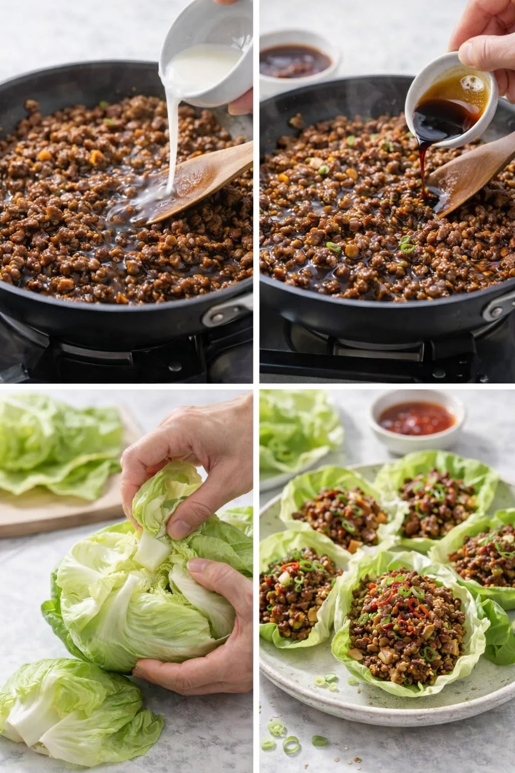 Glossy, thickened beef mixture being spooned into chilled iceberg lettuce cups and sprinkled with sesame