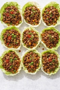 Straight-down overhead view of Beef San Choy Bao (Chinese Lettuce Cups )