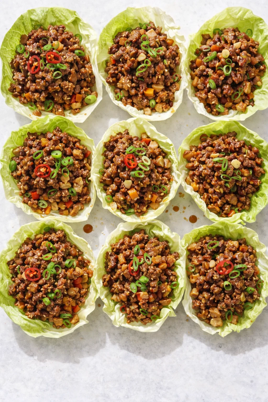 Straight-down overhead view of Beef San Choy Bao (Chinese Lettuce Cups )