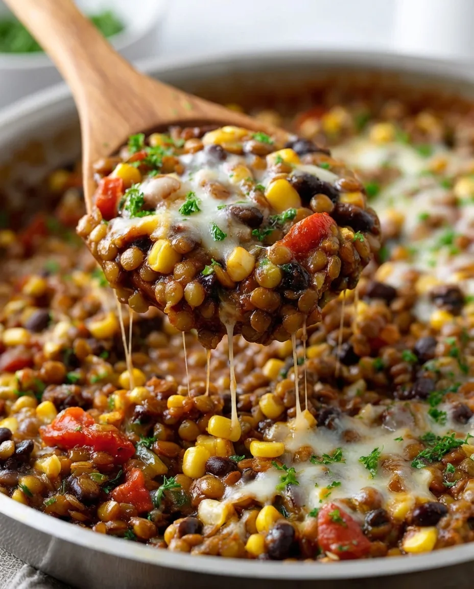 close-up of a wooden spoon lifting a spoonful of cheesy lentil chili with corn, beans, and tomatoes.