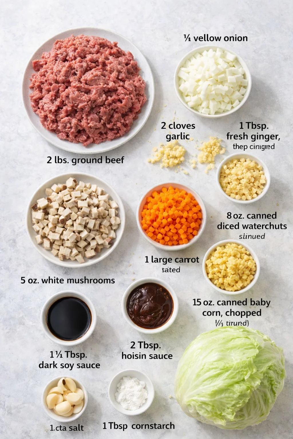 Measured ingredients arranged for Beef San Choy Bao (Chinese Lettuce Cups ): 2 lbs. ground beef, ½ yellow onion, diced, 2 cloves garlic, minced, 1 Tbsp. fresh ginger, finely chopped, 1 large carrot, diced, 5 oz. white mu