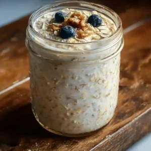 A bowl of basic overnight oats topped with fruit and nuts for breakfast