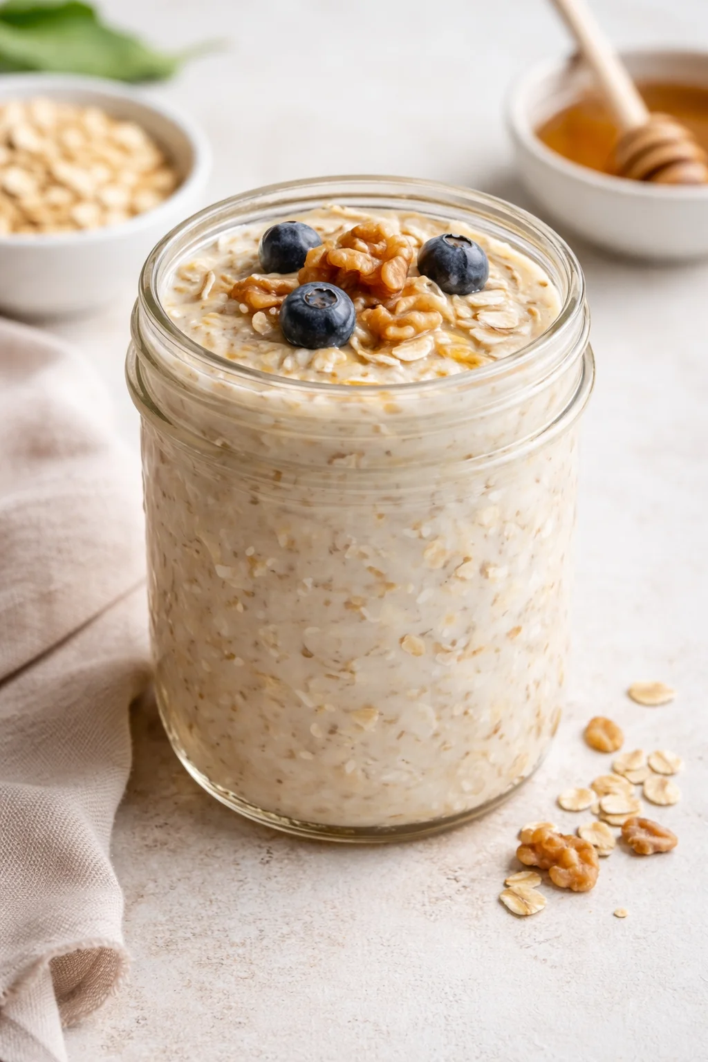 Delicious Basic Overnight Oats Creamy overnight oats topped with blueberries and walnuts in a glass jar.