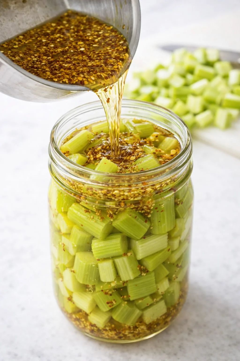 Jar of chopped celery with sesame dressing being poured from a metal cup