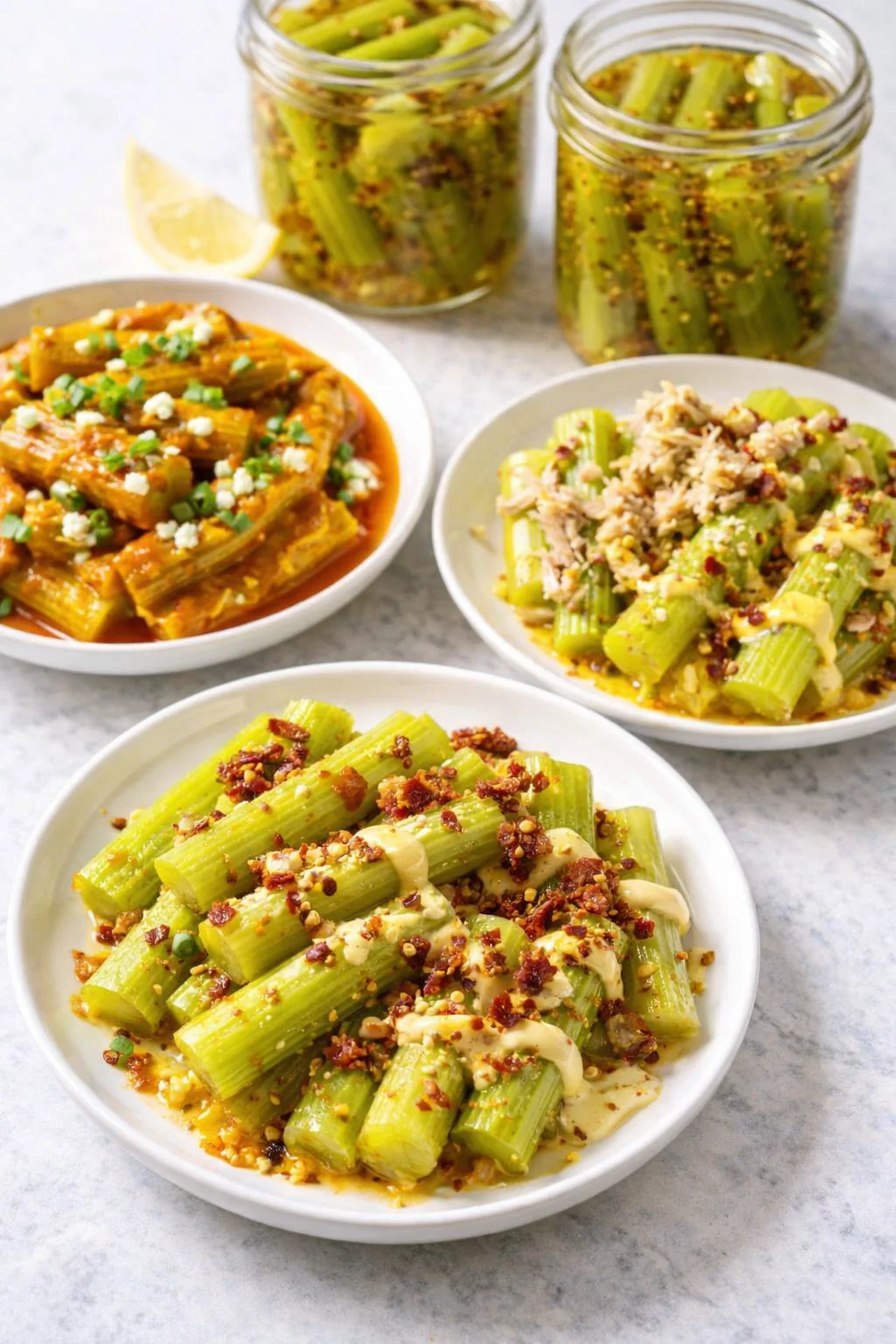 Three bowls of celery with toppings and sauces, jars of pickled celery in the background.