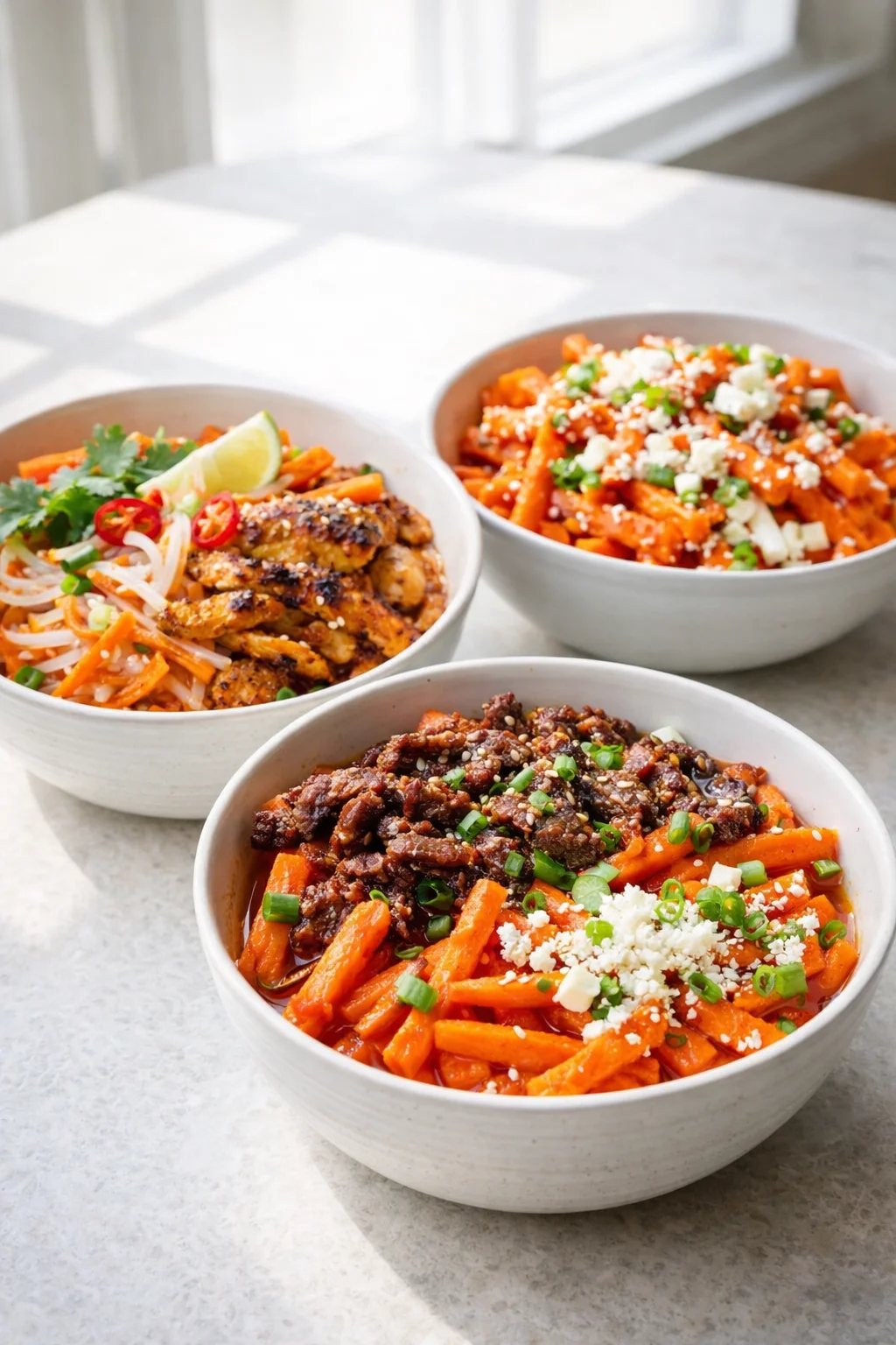 Three white bowls with colorful, saucy meals of noodles and vegetables on a light stone table.