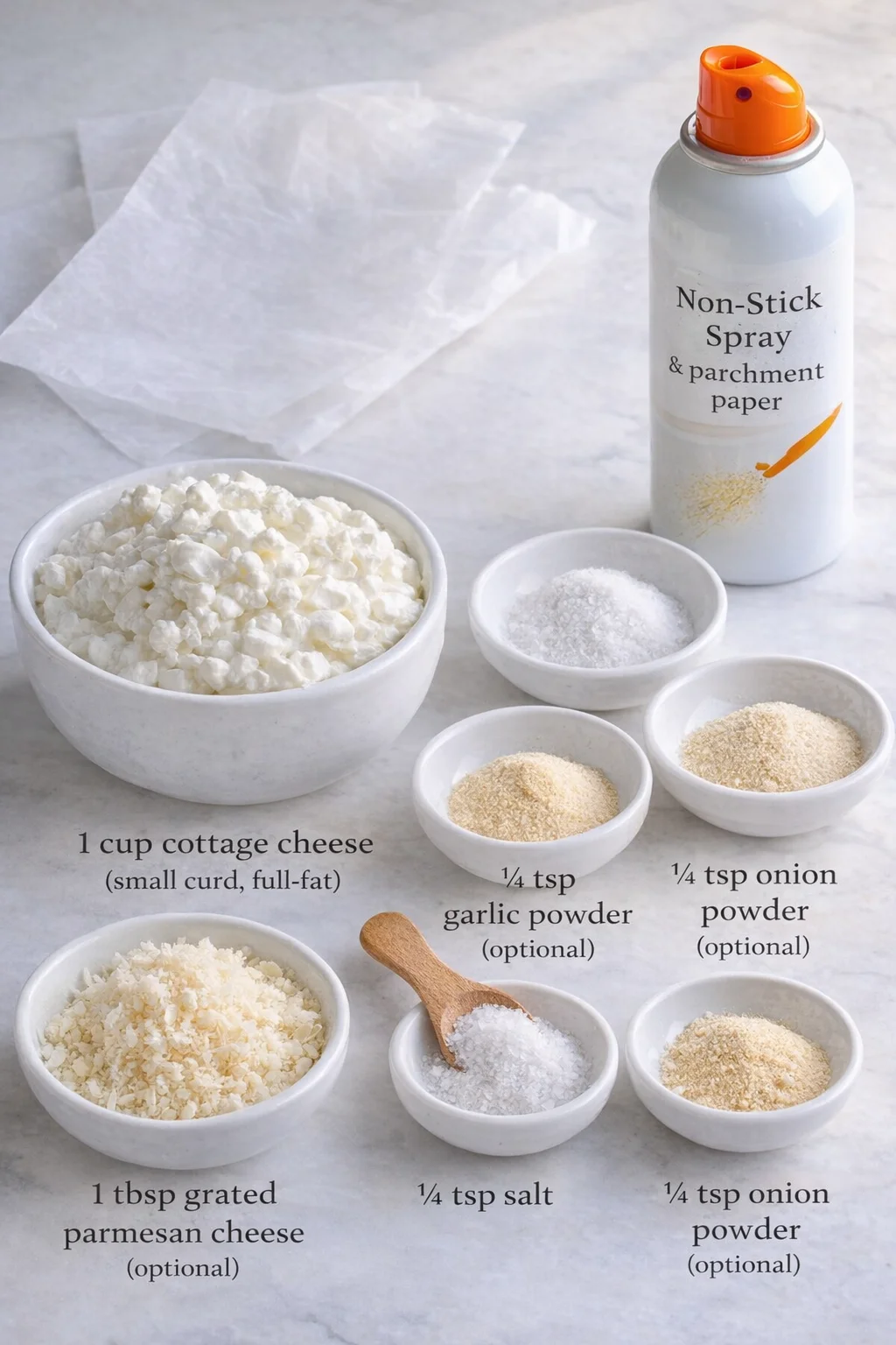 Bowls of cottage cheese, grated parmesan, and spices set on a marble counter with parchment and a spray can