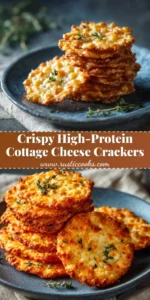 A close-up shot of crispy, golden brown cottage cheese crackers arranged neatly in a bowl, with text overlay for Pinterest.
