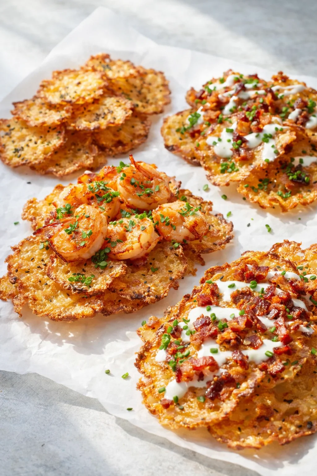 Golden crispy potato rounds topped with shrimp, bacon bits, and herbs on parchment.