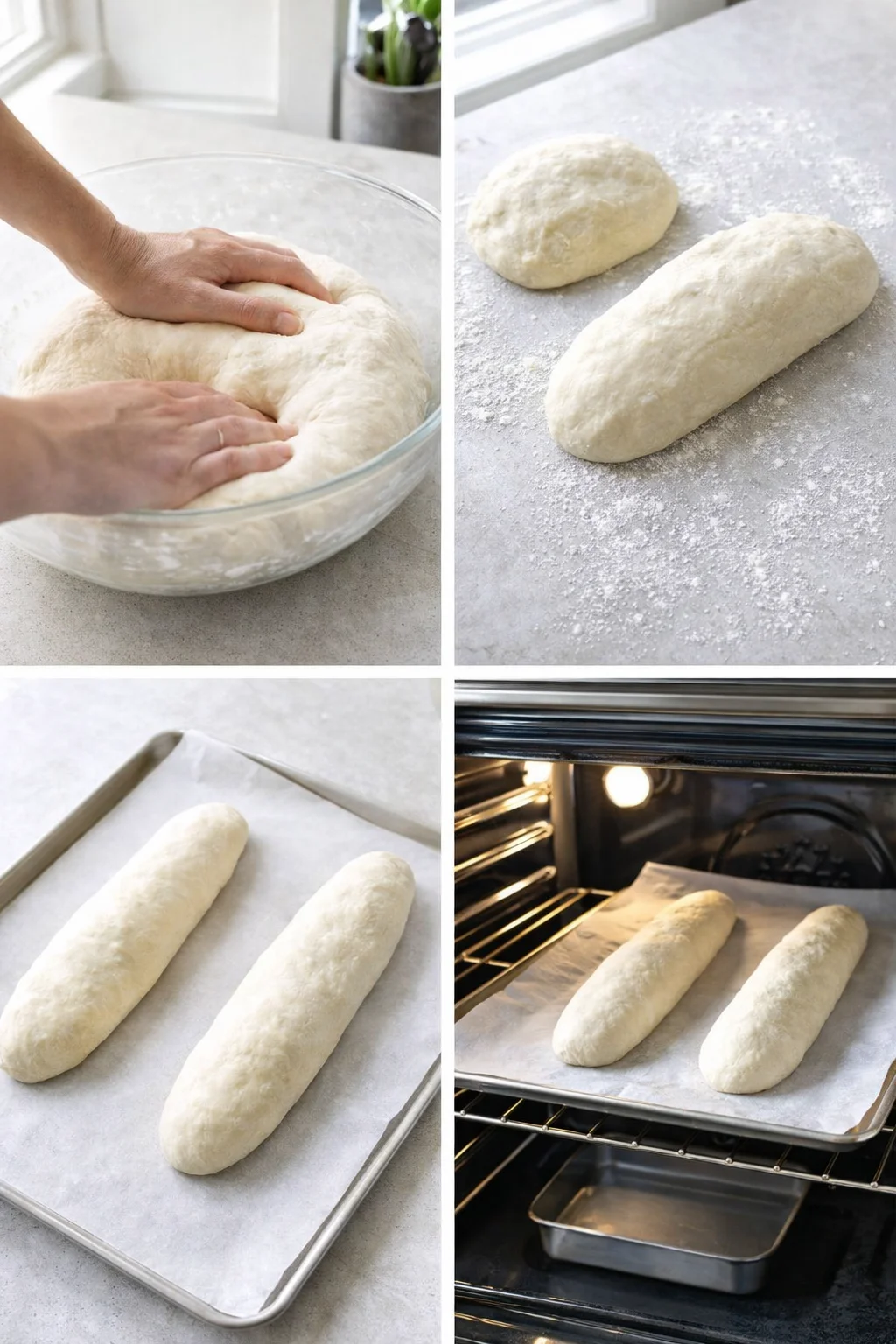 collage of bread dough preparation: kneading, shaping on floured surface, parchment-lined sheet, baking in oven