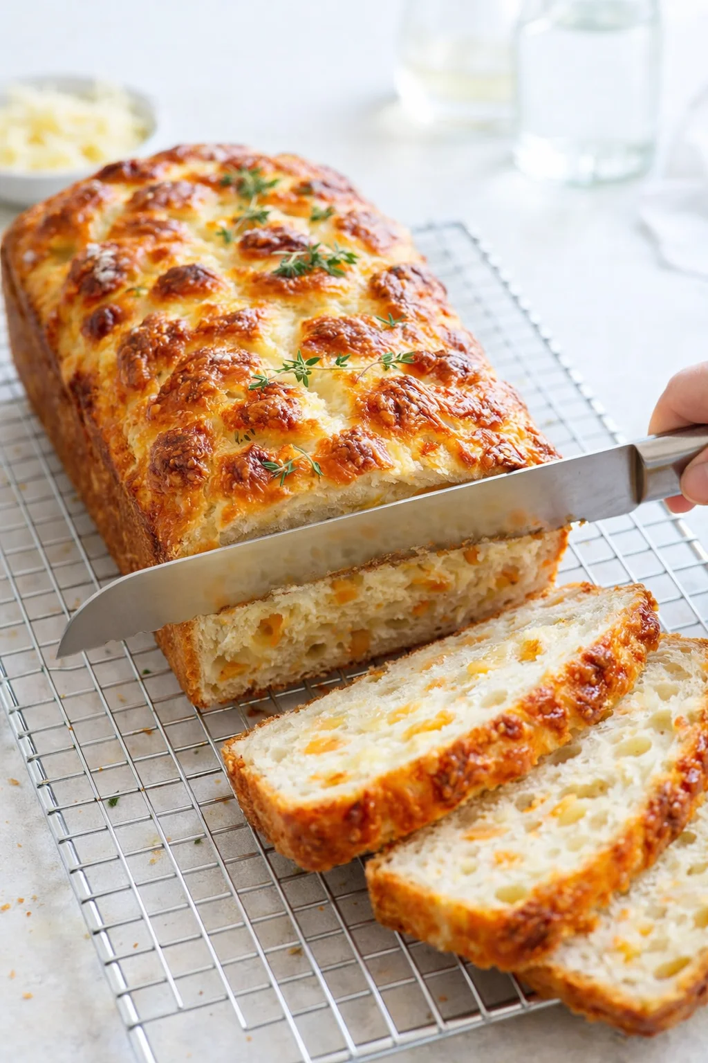 Golden loaf cooling on wire rack while a serrated knife slices a thick end piece.