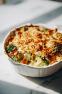 Ultimate High-Protein Veggie Bake with Cottage Cheese in a white casserole dish, topped with vegetables and melted cheese.