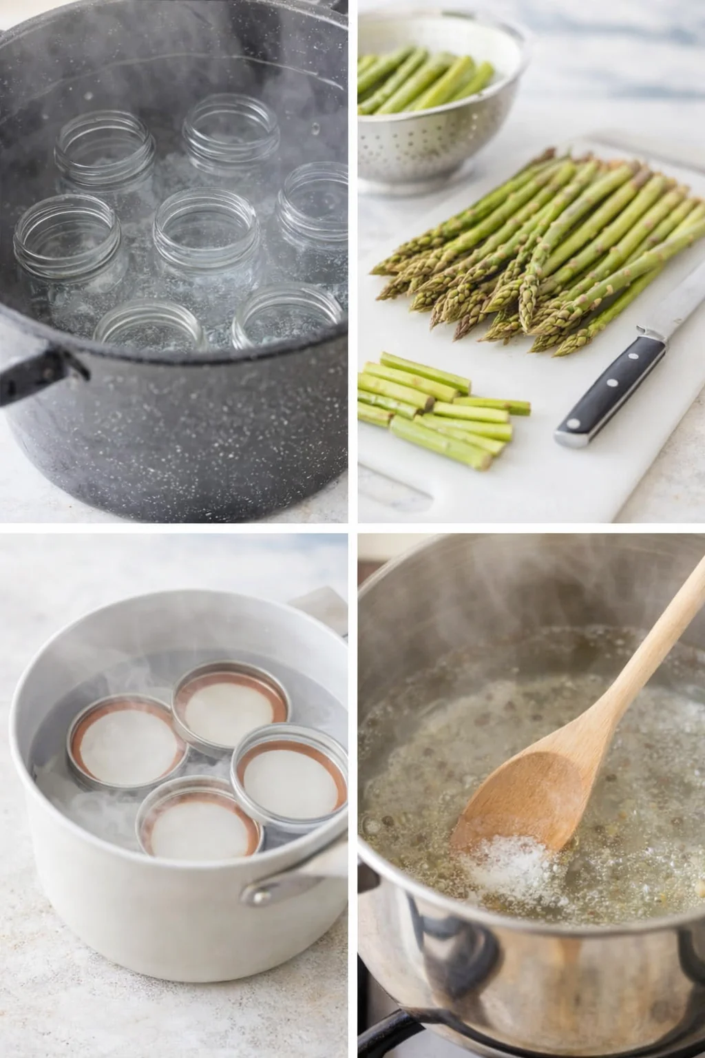 Collage of canning prep: sterilized jars, asparagus on board, lids soaking, boiling syrup.