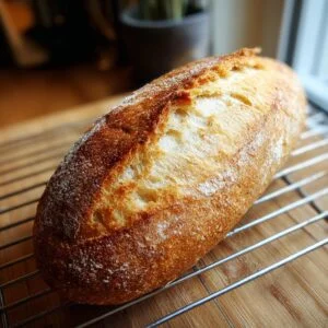A golden-brown, crusty loaf of homemade french bread resting on a metal cooling rack.
