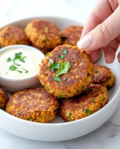 Golden-brown, herb-speckled croquettes; a hand lifts one near a white plate with dipping sauce.