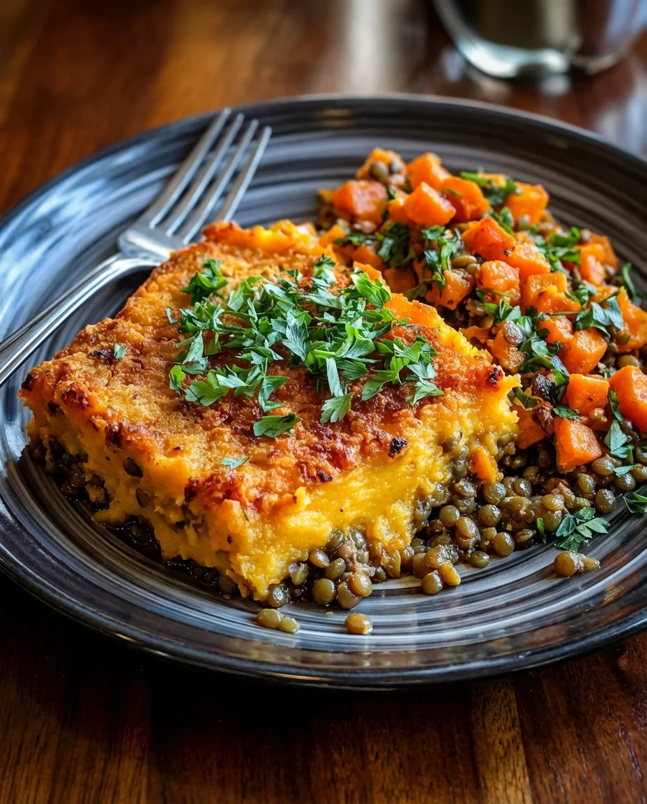 j0ekdtl5yyms9z4zdfy6.webp plate with golden cheesy potato-topped casserole over lentils, garnished with parsley and diced vegetables on the side