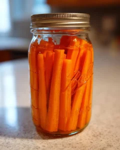 Close-up of bright orange, stick-cut pickled carrots packed tightly in a Ball mason jar.