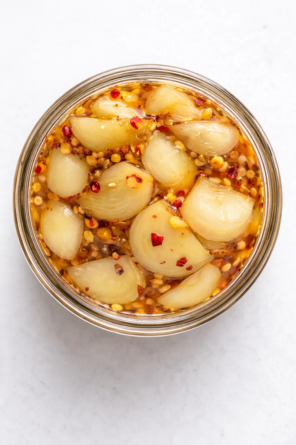 Top-down view of a glass jar of pickled onions in brine with red chili flakes.
