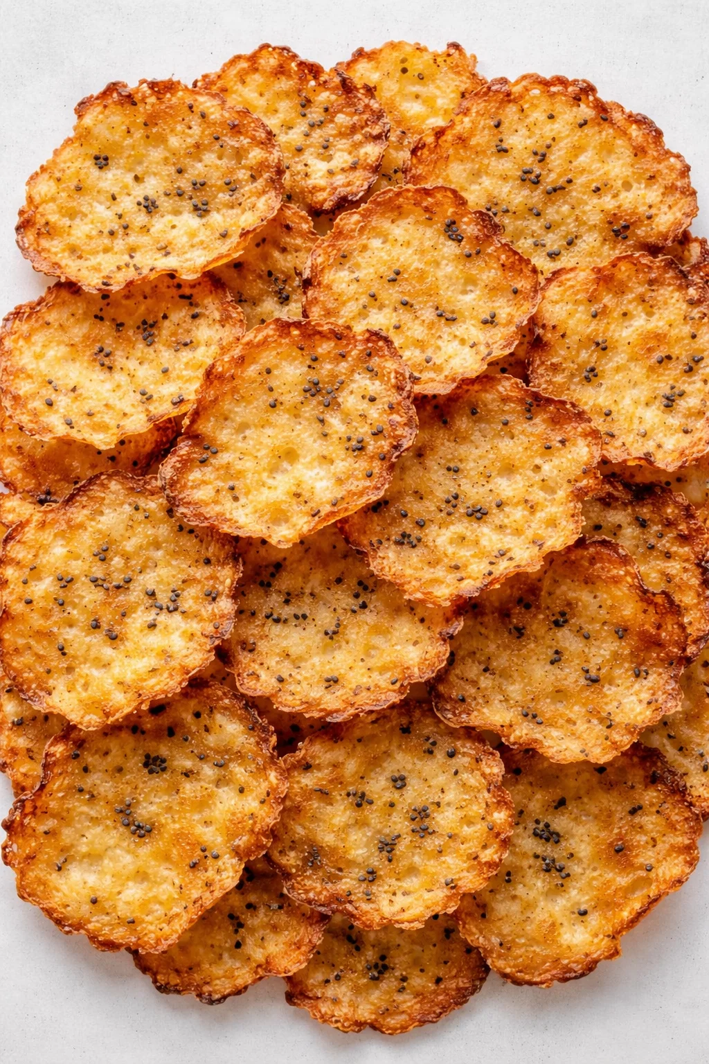 Pile of golden-brown parmesan crisps sprinkled with tiny dark seeds on a white background